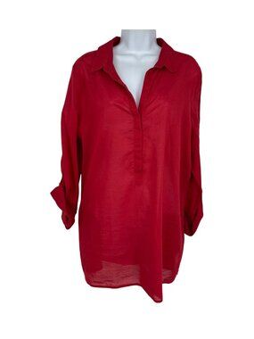 Chico's Women's Red Long-Sleeve Roll Tab 1/2 Button Front Tunic Top Size 3 US XL